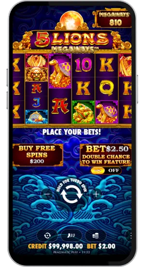 5 Lions Megaways base game interface with Buy Free Spins button and bet controls visible