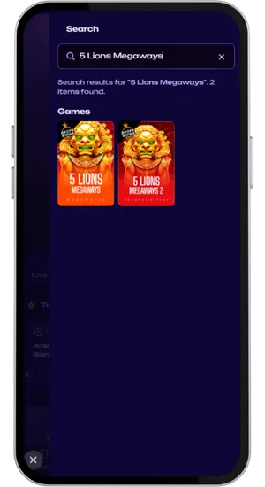Searching 5 Lions Megaways in the casino lobby and opening it directly in the browser without app or download