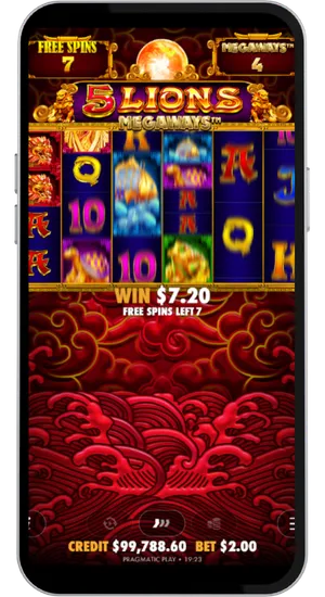 5 Lions Megaways free spins round with 7 spins remaining and active win of $7.20
