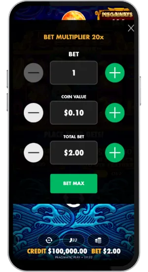 Using bet controls to set a stake between £0.20 and £125 per spin in 5 Lions Megaways